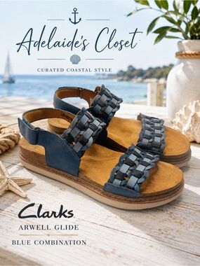 Clarks Arwell Glide Blue Woven Leather Comfort Sandals Size 9.5 Women’s Meduim